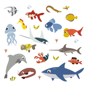 Vector cartoon animals set. Funny vector sealife animal and fish illustration. Cute isolated vector jellyfish, dolphin, eel, octopus, whale, perch, crab
