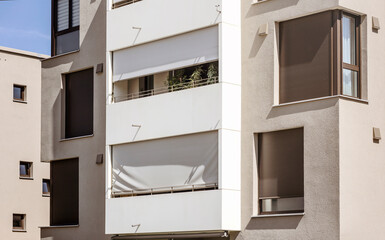 Blinds on Window Outdoor Shutters on Balcony of House. Sun Protection External Shutters on Facade...