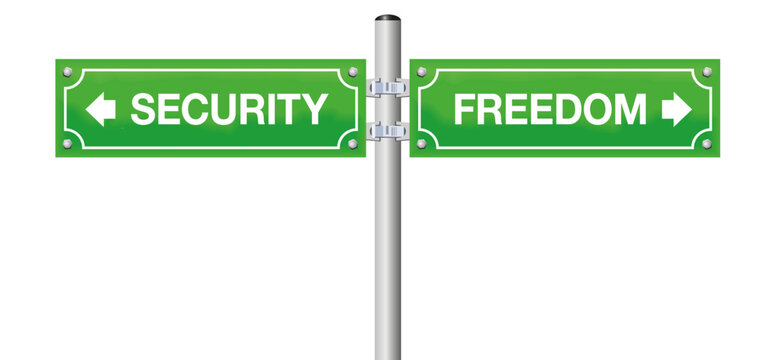 SECURITY and FREEDOM, written on two signposts, as comparison for the desire for being safe or free. Isolated vector illustration on white background.

