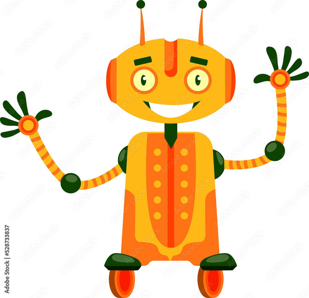 Poster robot toy on wheels, artificial intelligence droid