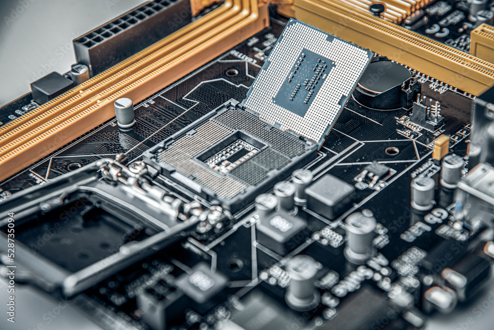 Poster installing central processor unit into computer motherboard.