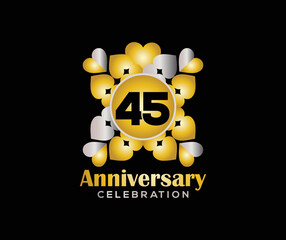 45 Years Anniversary Day. Company Or Wedding Used Card Or Banner Logo. Gold Or Silver Color Mixed Design
