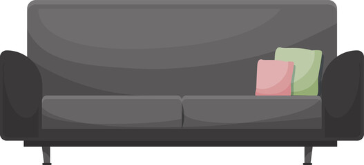 Cartoon couch, vector two seated sofa with pillows
