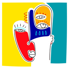 Aesthetic abstract of woman, man face hand drawn vector illustration.