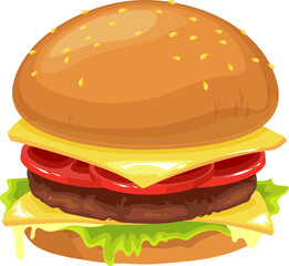 Cartoon burger, classic hamburger fast food meal