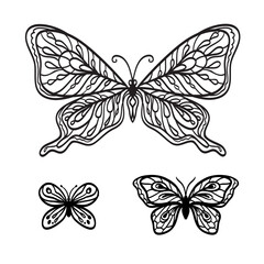 Set of contour patterned butterflies on a white background, vector monochrome clipart.