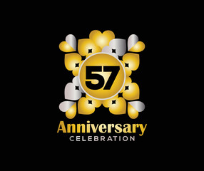 57 Years Anniversary Day. Company Or Wedding Used Card Or Banner Logo. Gold Or Silver Color Mixed Design