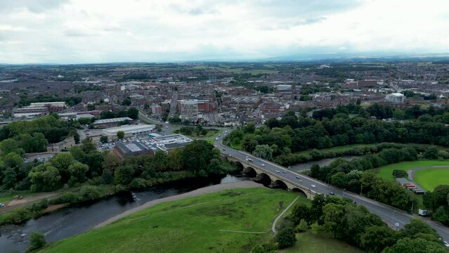 4K: Aerial Drone Video towards the city centre of Carlisle, in Cumbria, England UK. Stock Video Clip Footage.  