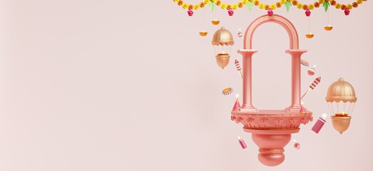 Obraz premium minimal scene, design for Diwali festival product display podium, 3d render with fireworks
