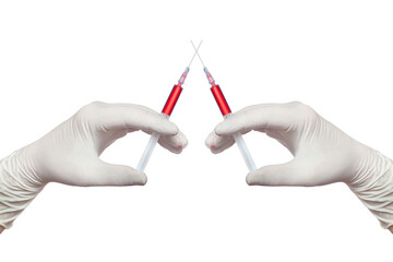 Two gloved hands hold two syringes with red medicine....