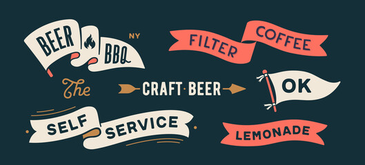 Vintage graphic set. Ribbon, flag, arrow, board with text Beer, BBQ, Filter Coffee, OK, Craft Beer. Set of ribbon banner and retro graphic. Isolated vintage old school set shapes. Vector Illustration - obrazy, fototapety, plakaty
