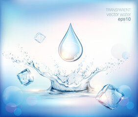 Transparent realistic vector mineral  water splash, drops and ice cubes on blue background 
