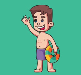 cute children bring a lifebuoy for summer. Isolated cartoon person illustration. Flat Style Sticker element vector
