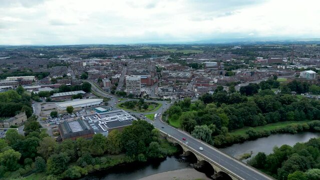 4K: Aerial Drone Video towards Carlisle city centre, in Cumbria, England UK. Stock Video Clip Footage.  