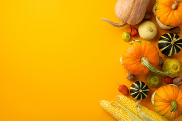 Fototapeta Autumn harvest concept. Top view vertical photo of raw vegetables pumpkins pattypans corn walnuts and physalis on isolated orange background with copyspace obraz