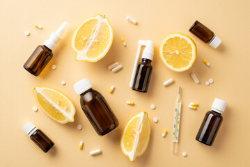 Seasonal diseases concept. Top view photo of medicines spray and syrup transparent brown bottles pills capsules thermometer and cut lemon on isolated beige background