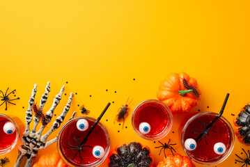 Halloween party concept. Top view photo of floating eyes punch in glasses skeleton hand pumpkins centipedes cockroach spiders and confetti on isolated yellow background with copyspace