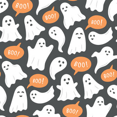 Cute Halloween Happy Ghosts Fun Background, Pattern, Wallpaper, Vector, Seamless, Dark