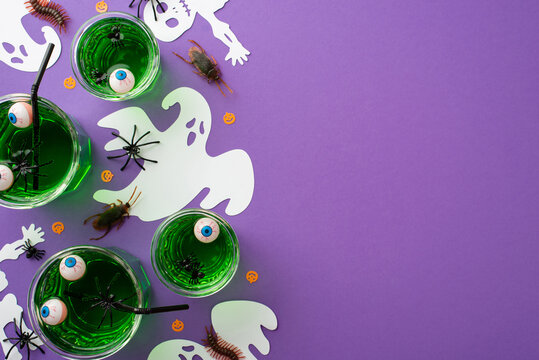 Halloween concept. Top view photo of green floating eyes punch skeleton ghost silhouettes spiders centipedes cockroaches and pumpkin shaped confetti on isolated violet background with empty space