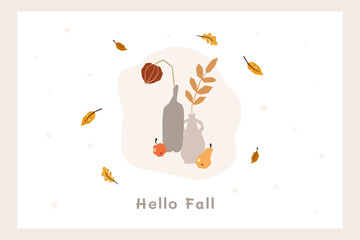 Autumn mood greeting card poster template. Welcome fall season thanksgiving invitation. Minimalist postcard nature leaves, trees, pumpkins, abstract shapes. Vector illustration in flat cartoon style