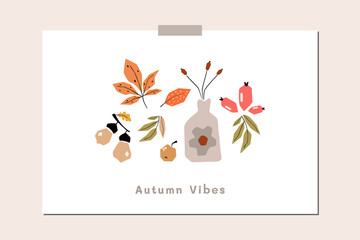 Autumn mood greeting card poster template. Welcome fall season thanksgiving invitation. Minimalist postcard nature leaves, trees, pumpkins, abstract shapes. Vector illustration in flat cartoon style