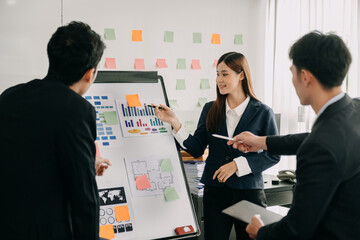 Asian business people sum up the results of their work in the company during the year, new project in office.