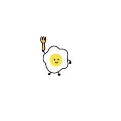 character, and mascot of a boiled egg holding spoon and fork.
