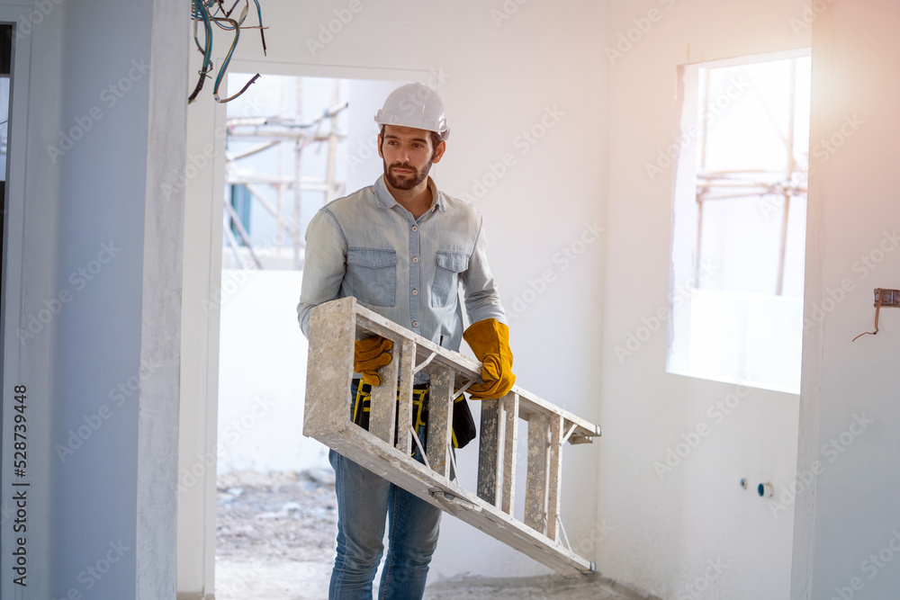 Poster maintenance technicians install wiring in the home,electrician working working on building site,repa