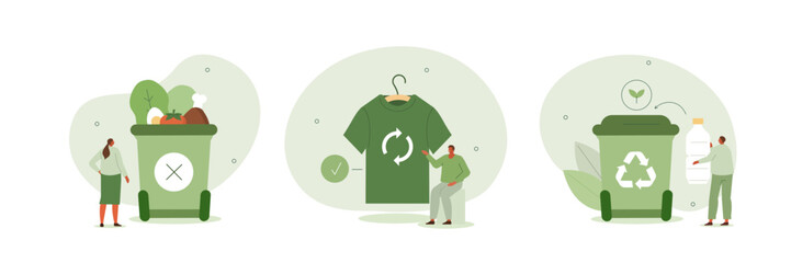 Sustainability illustration set. Characters reducing food waste, buying reused clothes, recycling plastic bottles. Reduce, reuse, recycle and zero waste concept. Vector illustration.