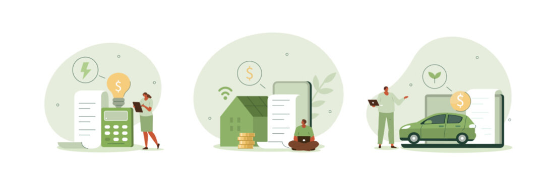 
Sustainability illustration set. Characters calculating and paying electricity, utilities and household invoice bills. Home finances management and sustainable housing concept. Vector illustration.