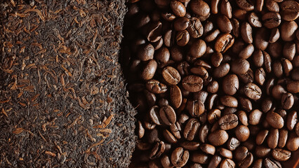 tea or coffee? coffee vs tea. choice of drink concept. coffee beans and a tile of puerh tea. puerh...