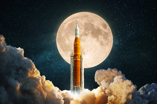 New space rocket is preparing to take off to the moon. Spacecraft successfully launched. Journey to the moon. Ship lift off into the starry sky