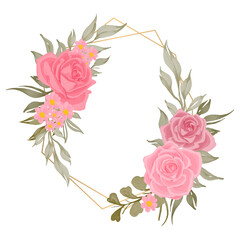 pink rose flower  watercolor frame with gold geometric line