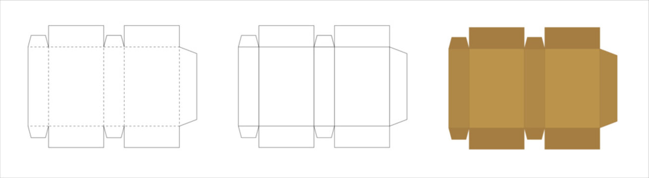 Rectangle paper box template, trim scheme to make package, open geometric model layout on white background.