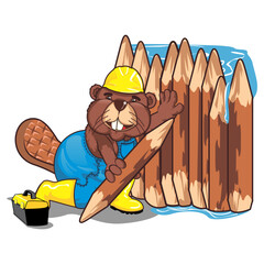 vector mascot cartoon illustration of beaver builds a dam - obrazy, fototapety, plakaty