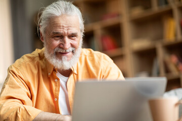 Closeup of happy old man using notebook at home