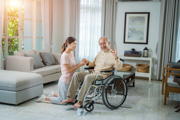 Affectionate grown up daughter embrace retired senior dad sharing optimism positive emotions,daughter dreaming together of good happy future long healthy life,life insurance concept.