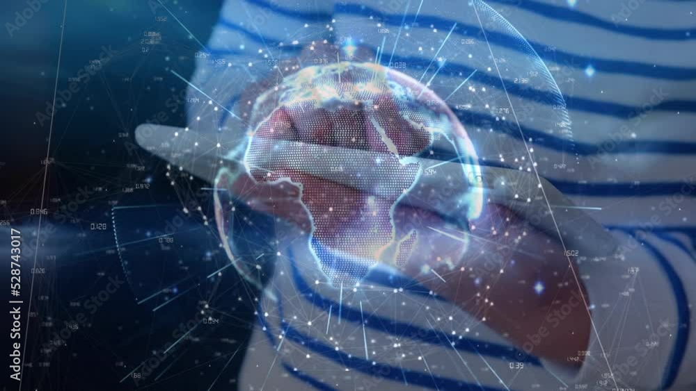 Poster animation of globe with data processing over caucasian student using tablet
