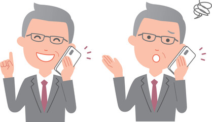 スマホを使う重鎮ビジネスマン　二つの表情