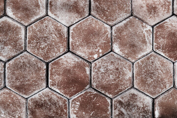 Paved floor. Slab hexagon pavement. Seamless street texture. Paver tile. Decorative cobblestone print. Road pattern. City stone surface. Mosaic sidewalk. Garden footpath top view. 