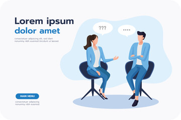 A female host is interviewing a man, Discussions or questions and interviews, character design and flat design.