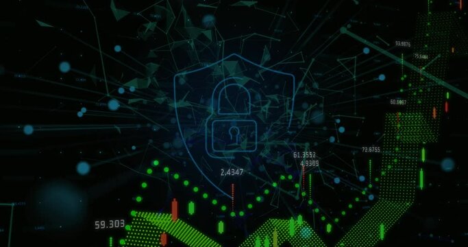 Animation of graph with data processing over padlock icon on black background