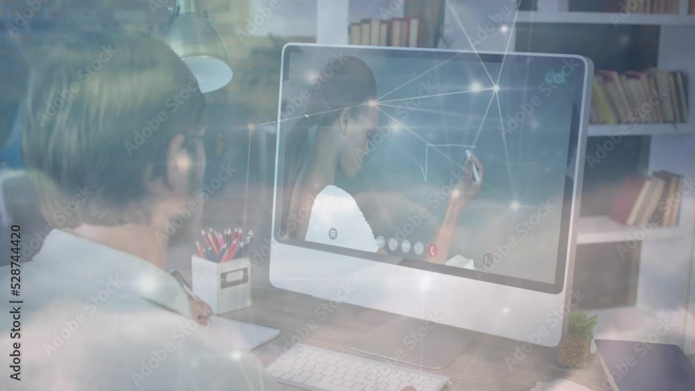 Poster animation of network of connections over caucasian businessman using computer for video call