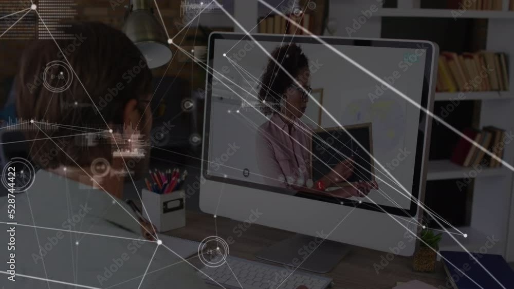 Poster animation of network of connections over caucasian businessman using computer for video call