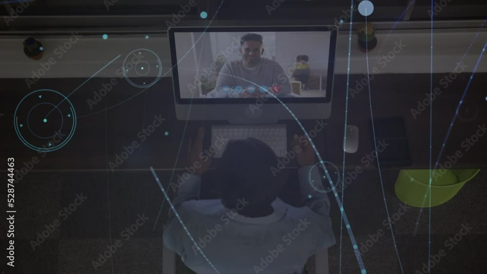 Poster animation of network of connections over caucasian businessman using computer for video call