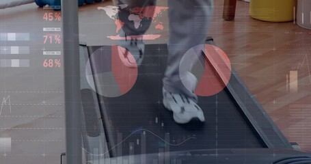 Animation of financial data processing over woman running on treadmill - Powered by Adobe