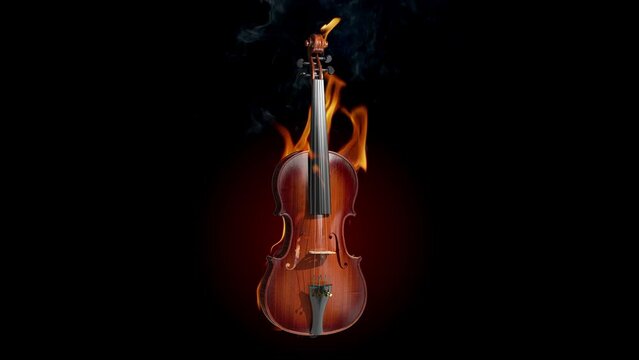 Burning violin. Slow motion fire explosions and smoke.