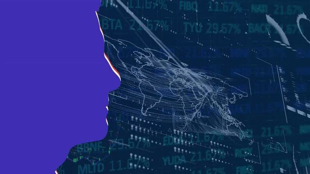 Animation of head silhouette over world map with data processing