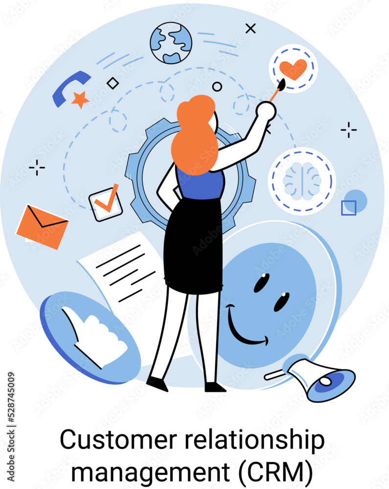 Poster crm metaphor. customer relationship management. application software for organizations automatisatio