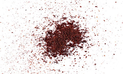 Ground sumac spice, pile isolated on white, top view 